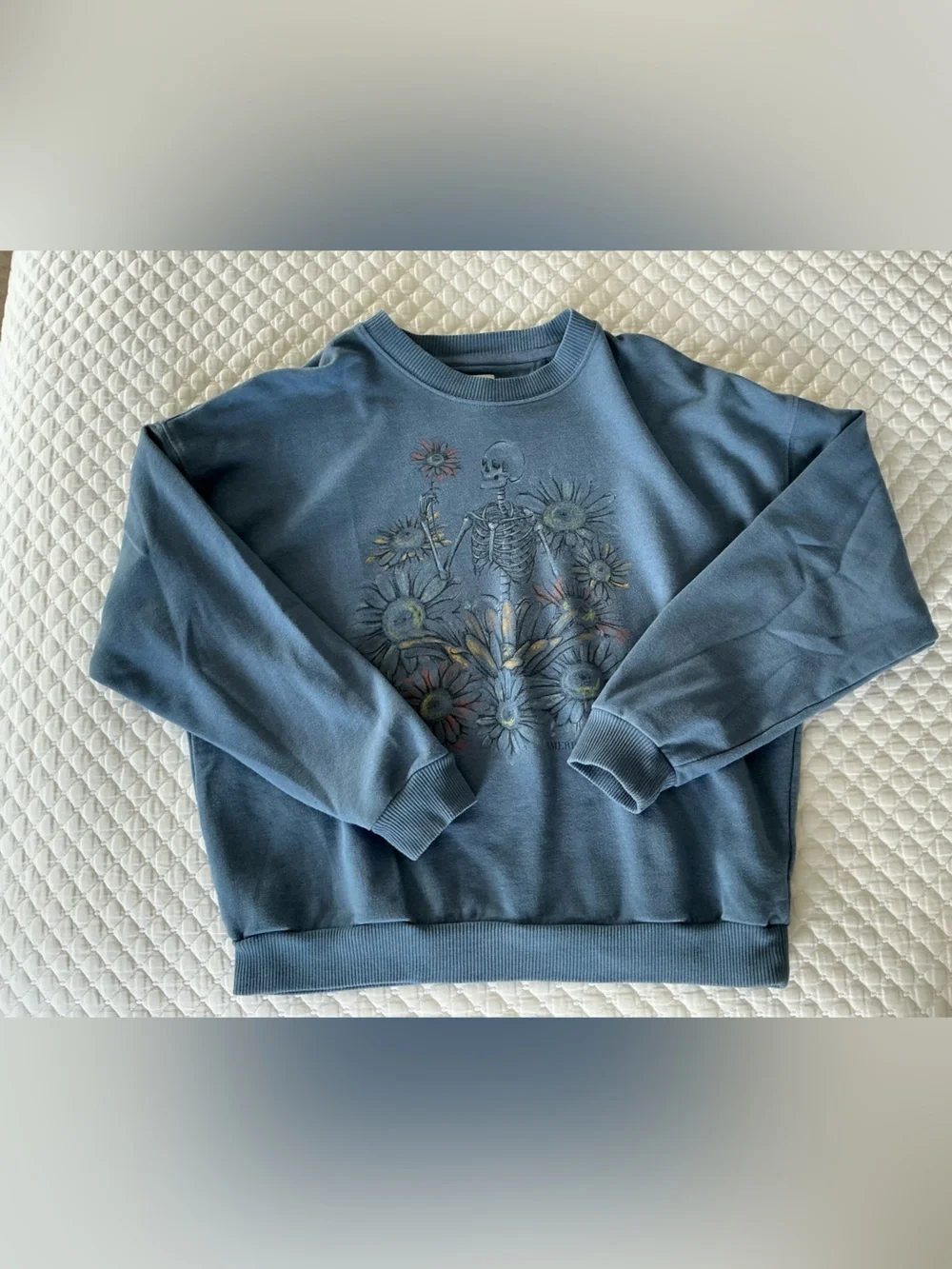 American Eagle Outfitters Dusty Blue Skeleton & Floral Crewneck Sweatshirt M - Picture 6 of 11